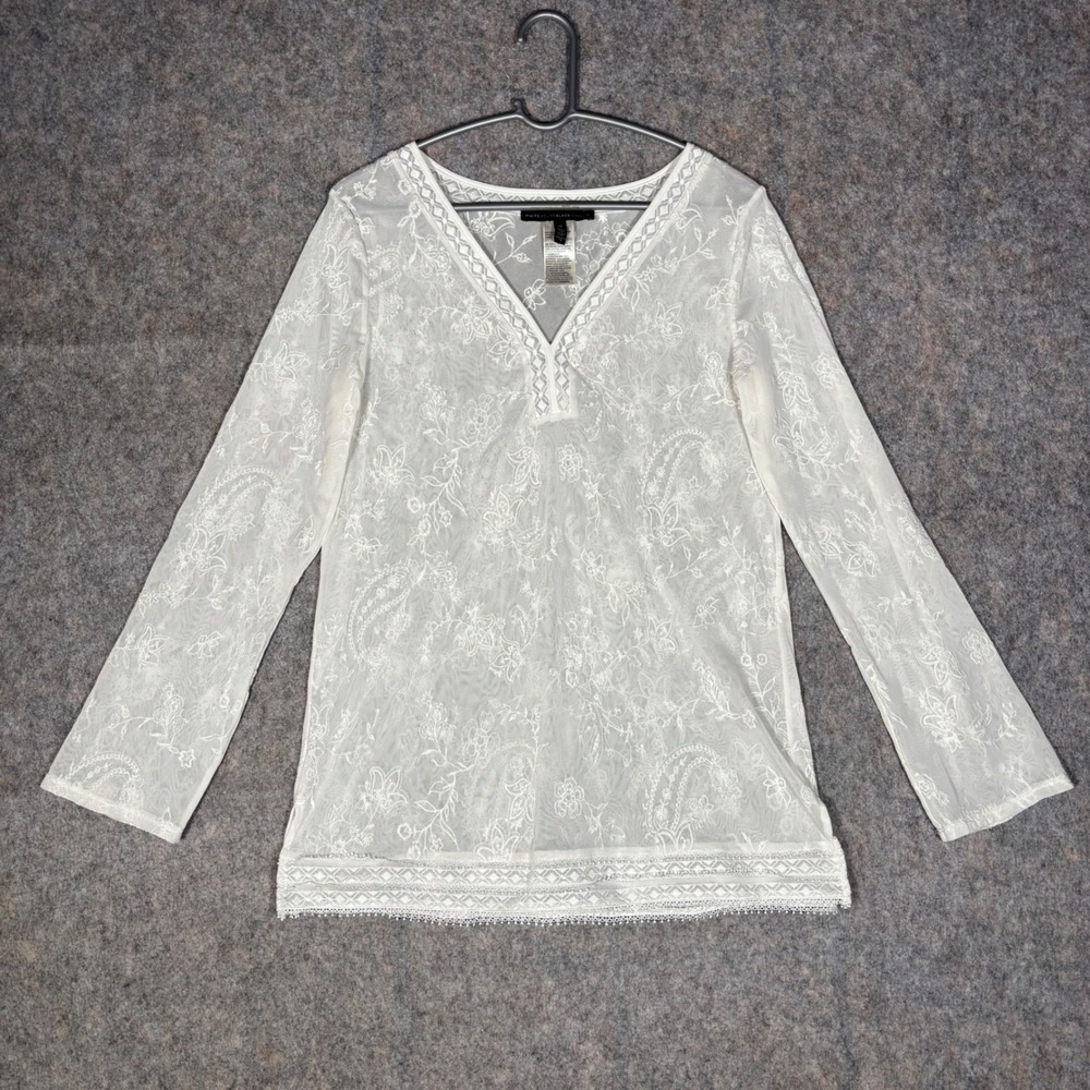 White House Black Market Mesh Top Womens Medium White Embroidered V-Neck Sheer